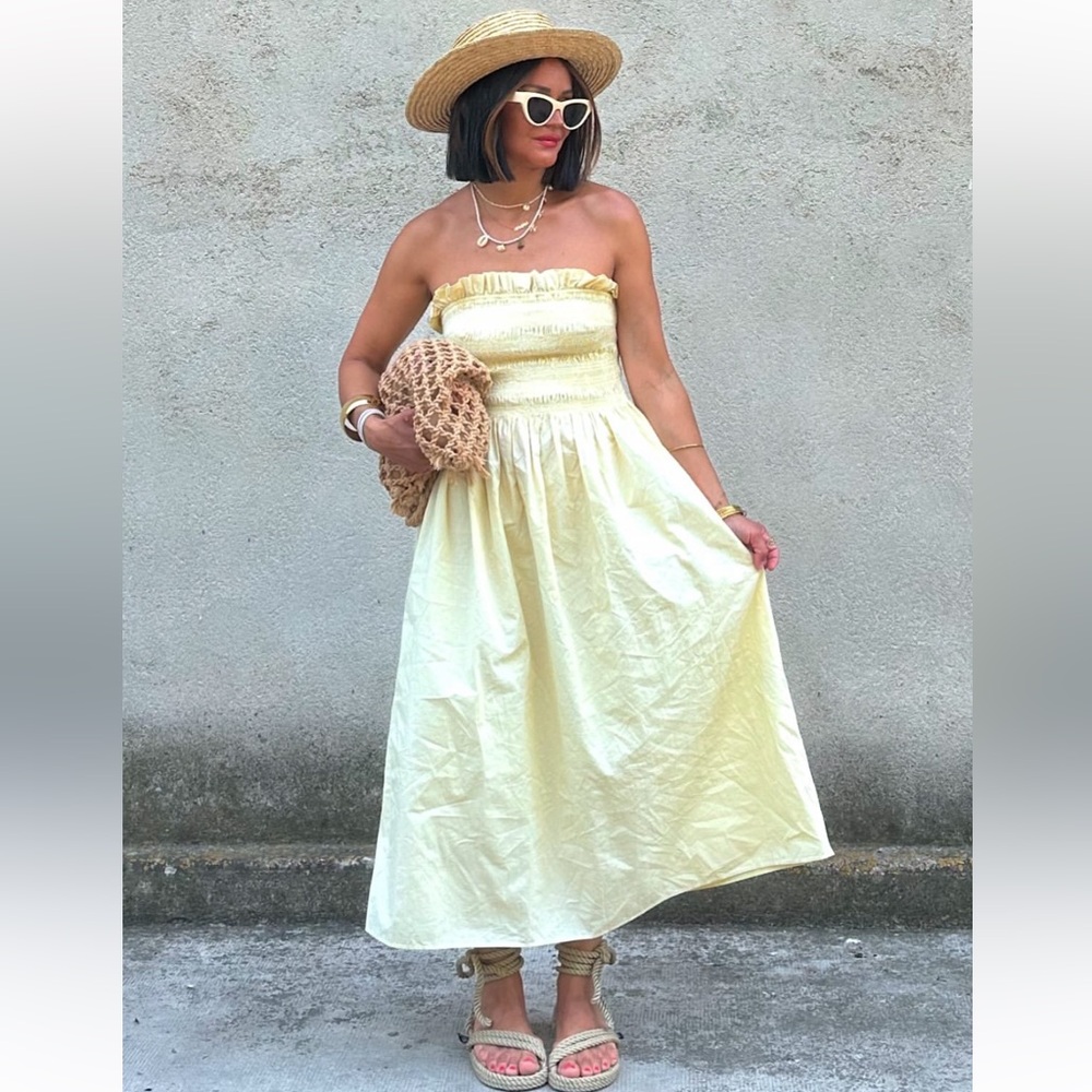 H&M Yellow Smocked Bodice Strapless Dress Midi Plus Size